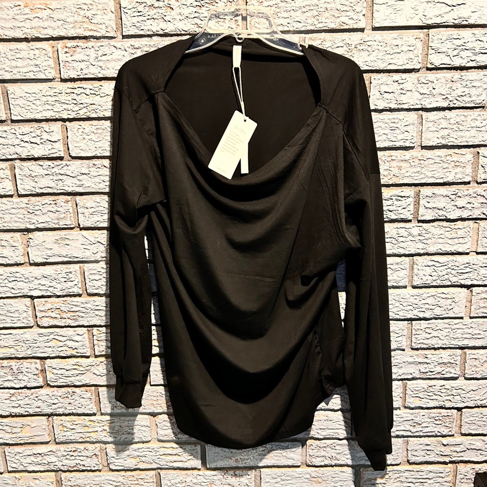 Evaless Black Draped Cowl Neck Long Sleeve Top Flowy Relaxed Fit Blouse NEW